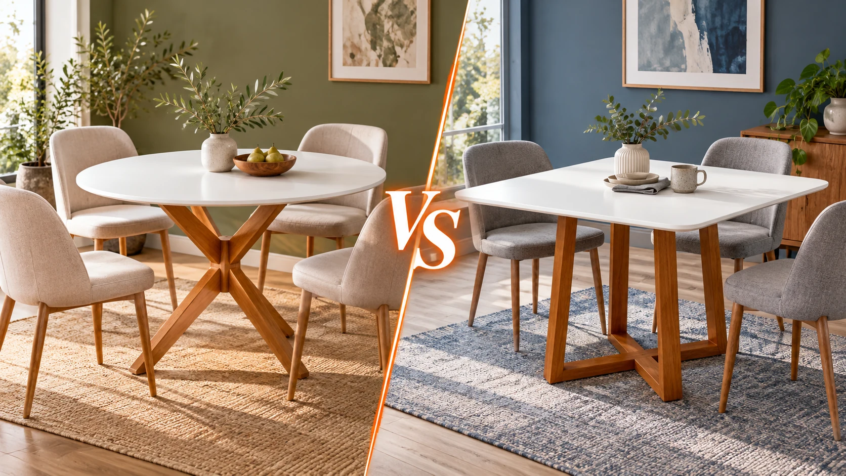 Comparação ilustrativa entre mesa redonda e mesa quadrada, com VS ao centro
