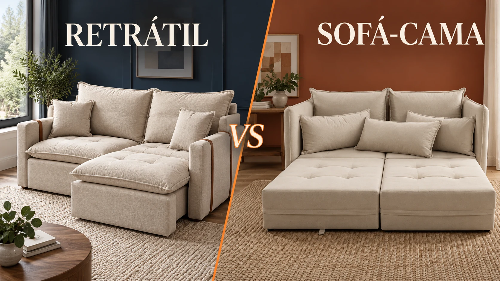 Comparativo ilustrativo: sofá retrátil com assento estendido e sofá-cama aberto, separados por VS