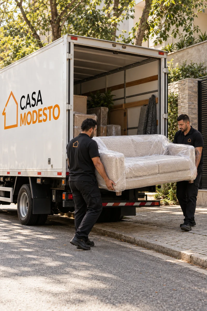 Ilustração de uma equipe entregando um sofá com caminhão Casa Modesto